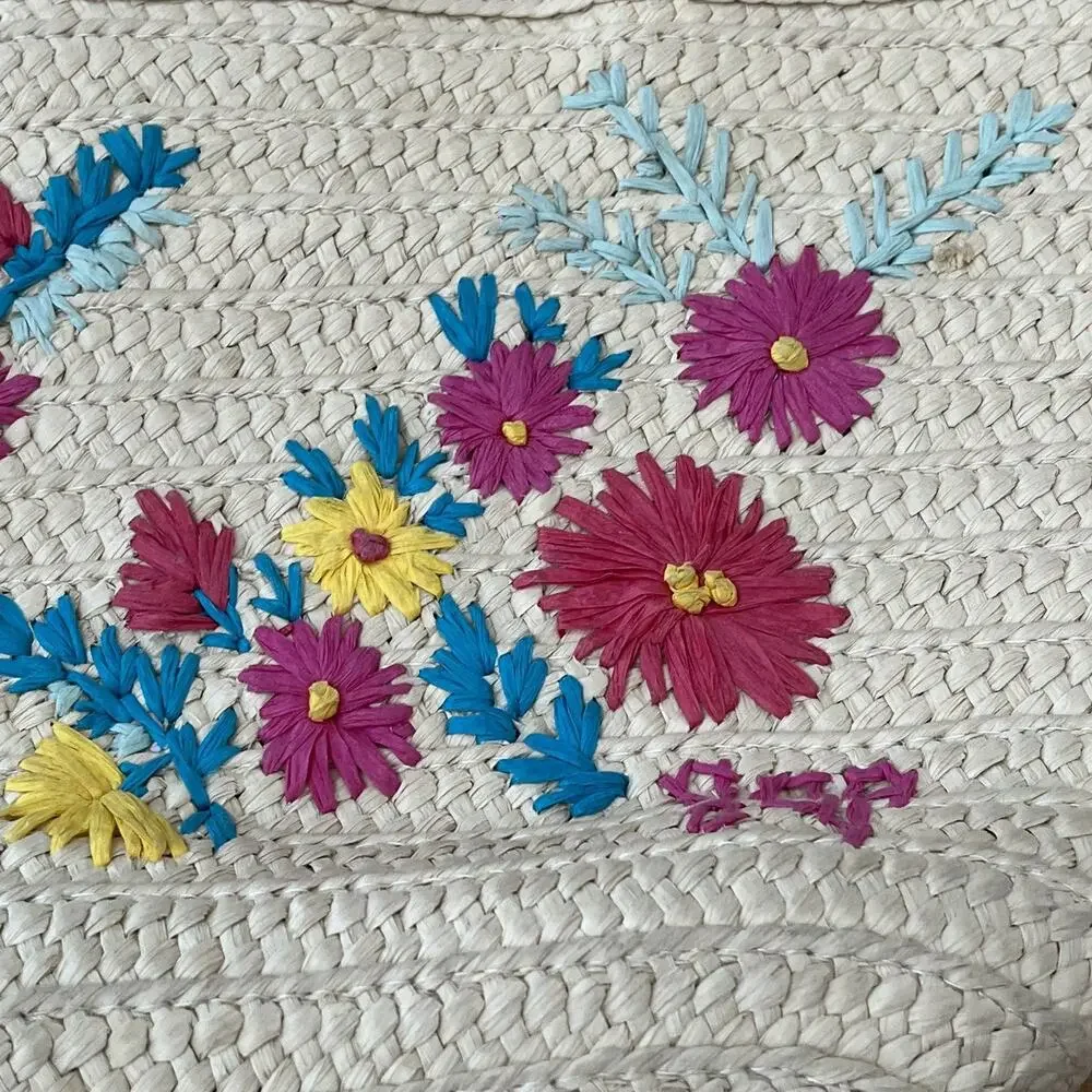 Gap Kids Paper Beach Tote Bag Handbag One Size Embroidered Floral Natural